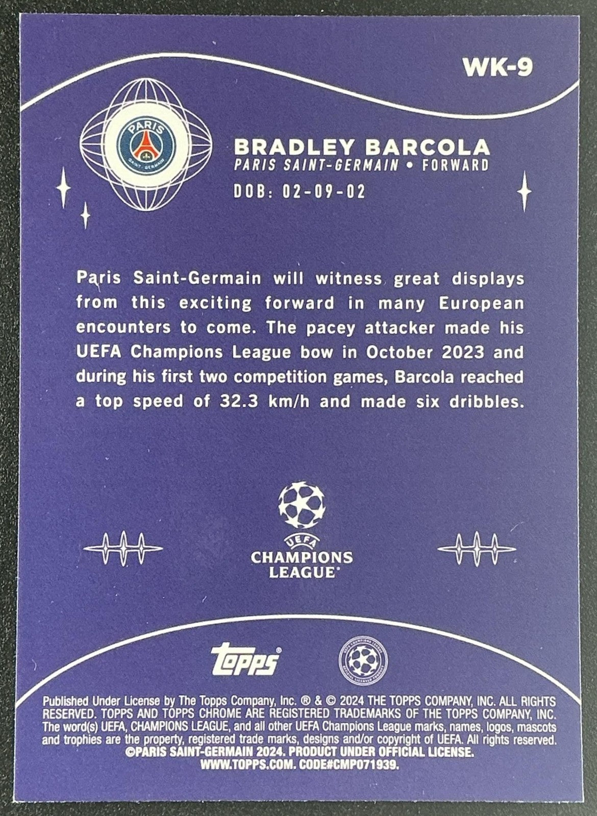 2023 Topps Chrome UEFA Club Competitions Bradley Barcola #WK-9 Wonderkids RC