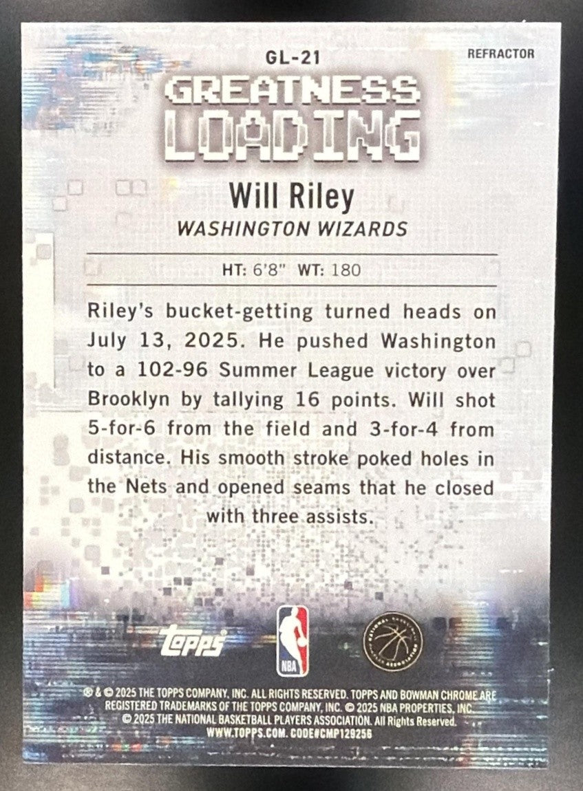 WILL RILEY 2025-26 BOWMAN #GL-21 CHROME GREATNESS LOADING REFRACTOR RC WIZARDS