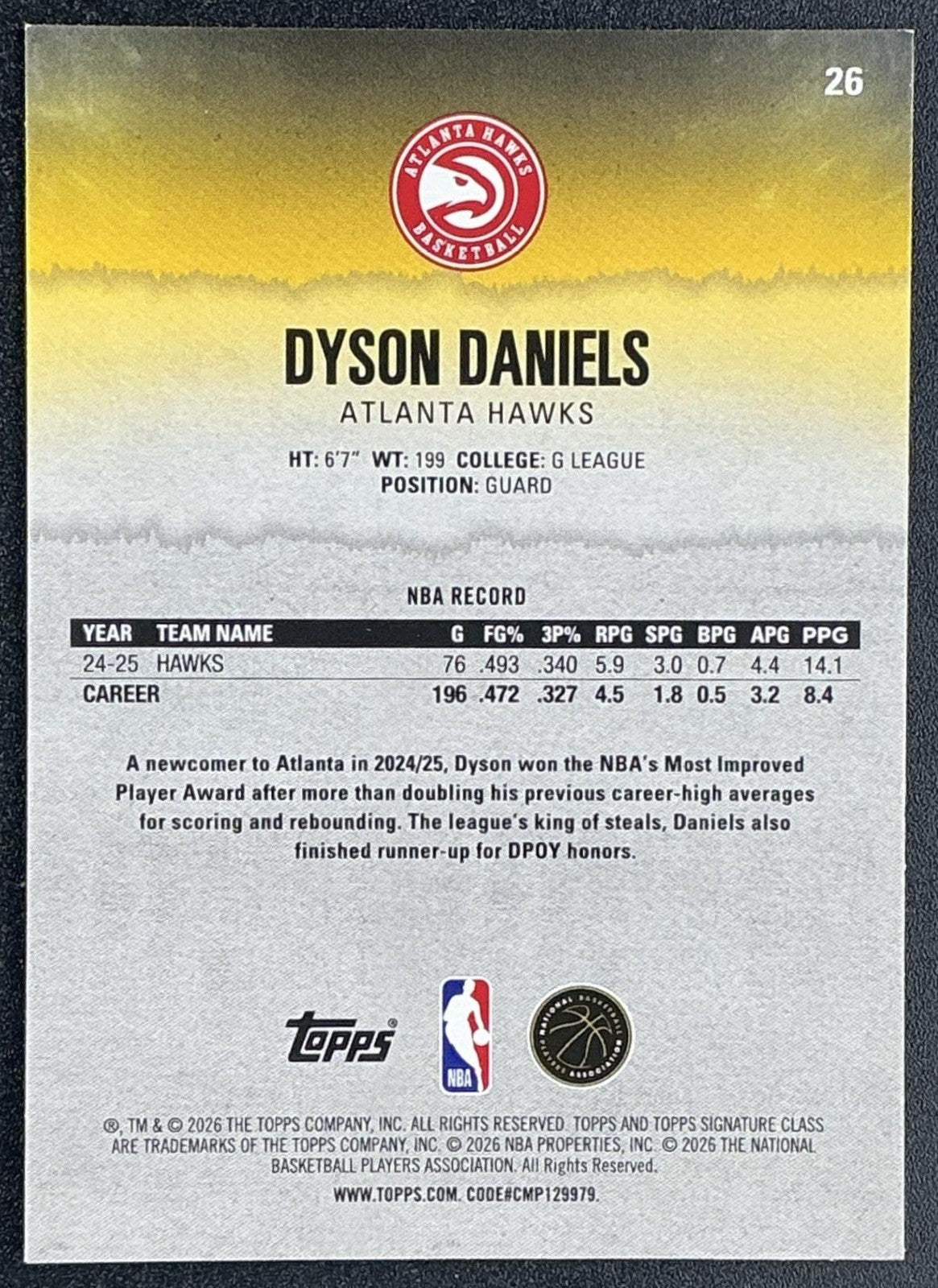 DYSON DANIELS 2025-26 TOPPS SIGNATURE CLASS #26 VETERAN TEAL FOIL 59/225 HAWKS
