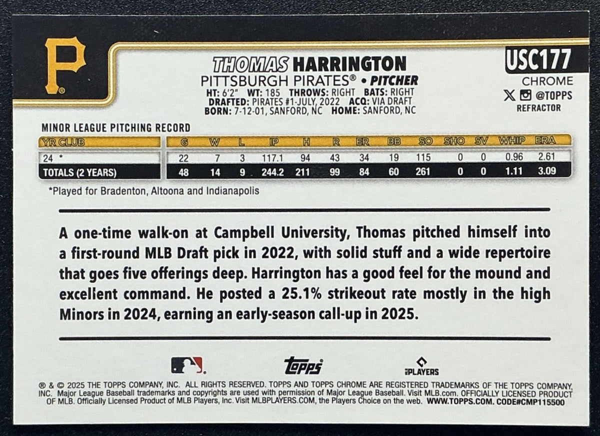 THOMAS HARRINGTON 2025 TOPPS CHROME UPDATE #USC177 REFRACTOR RC PIRATES