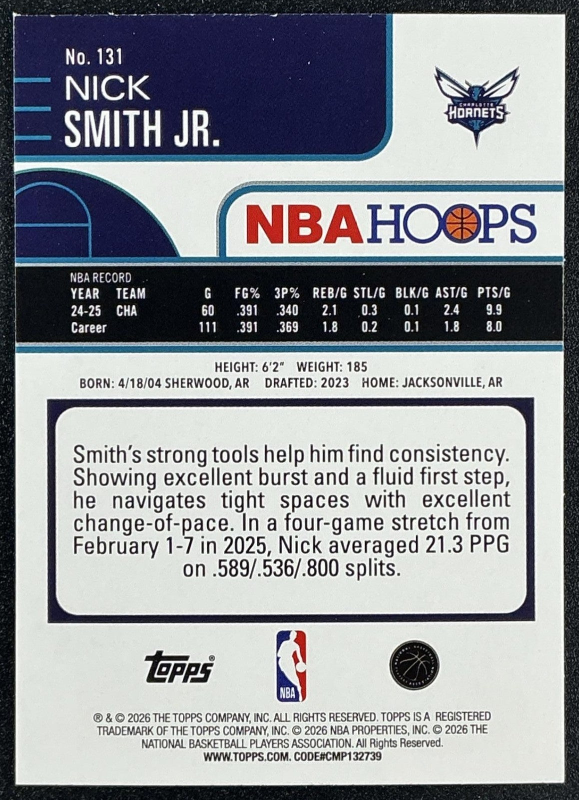 NICK SMITH JR. 2025-26 TOPPS HOOPS #131 LIGHT BURST HORNETS