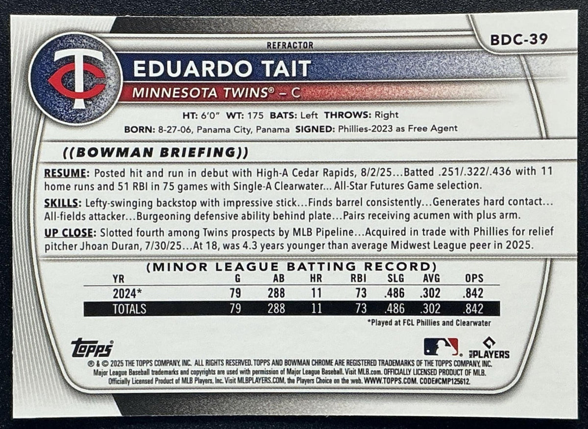 EDUARDO TAIT 2025 BOWMAN DRAFT #BDC-39 CHROME REFRACTOR TWINS