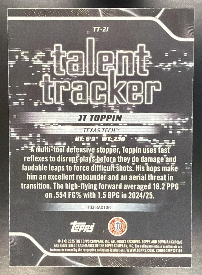 JT TOPPIN 2025-26 BOWMAN #TT-21 TALENT TRACKER CHROME REFRACTOR RED RAIDERS