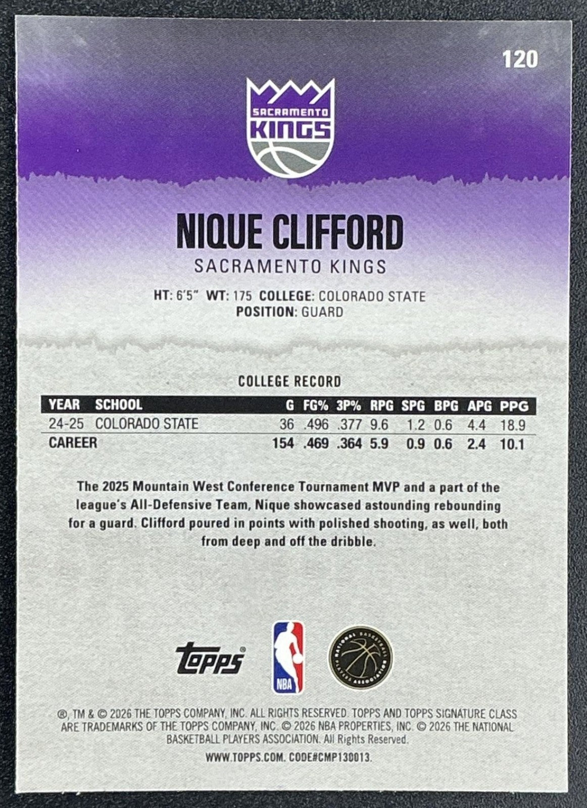 NIQUE CLIFFORD 2025-26 TOPPS SIGNATURE CLASS #120 CHROME ROOKIE RC KINGS