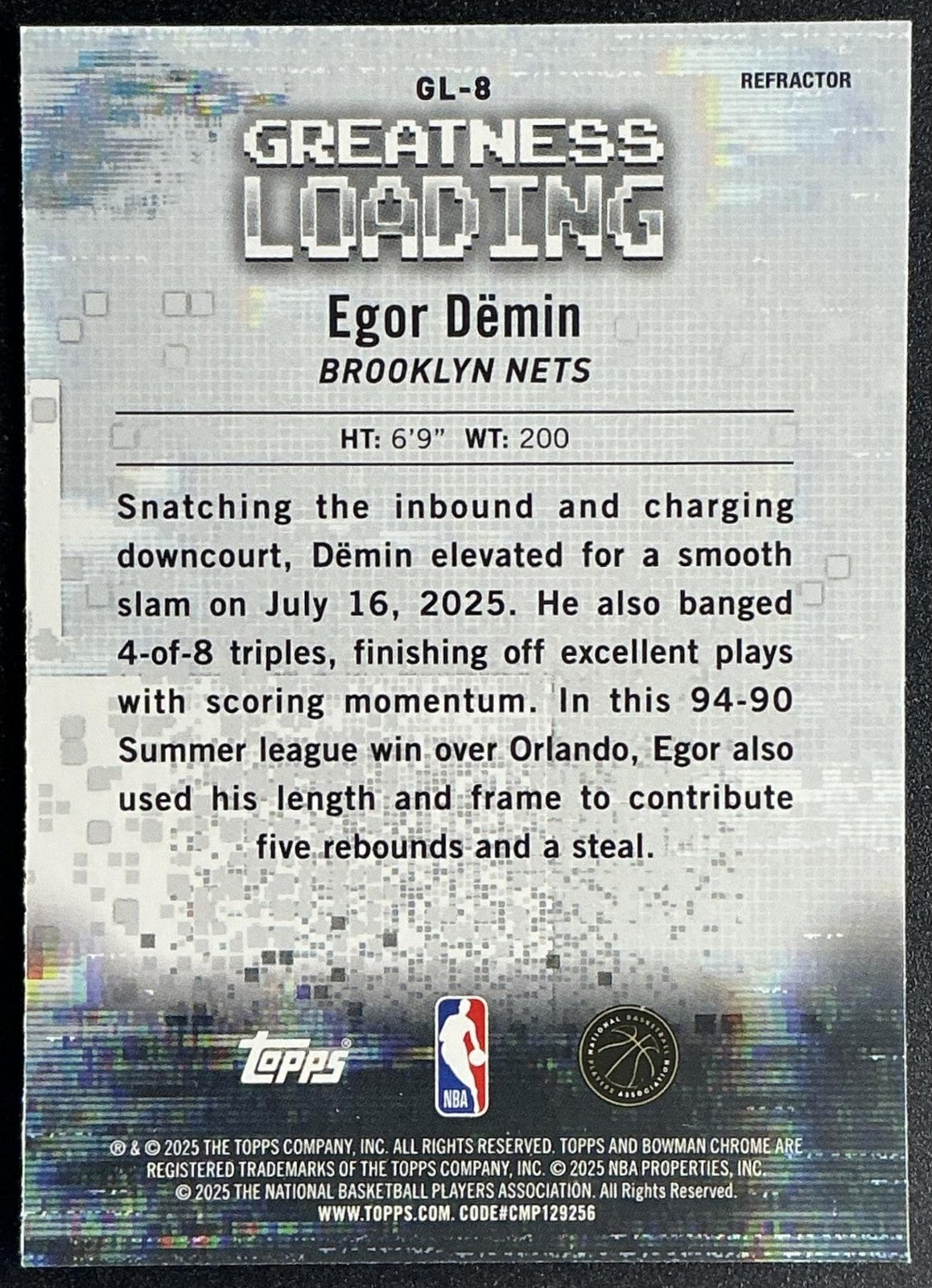 EGOR DEMIN 2025-26 BOWMAN #GL-8 CHROME GREATNESS LOADING REFRACTOR RC NETS