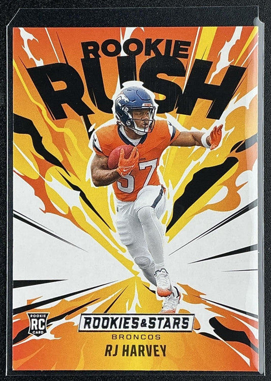 RJ HARVEY 2025 PANINI ROOKIES & STARS #15 ROOKIE RUSH RC BRONCOS