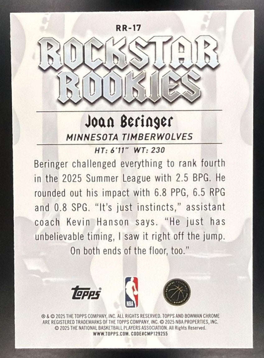 JOAN BERINGER 2025-26 BOWMAN #RR-17 CHROME ROCKSTAR ROOKIES RC TIMBERWOLVES