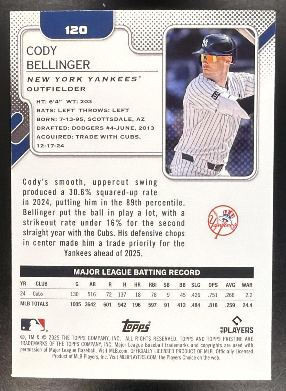 CODY BELLINGER 2025 TOPPS PRISTINE #120 YANKEES