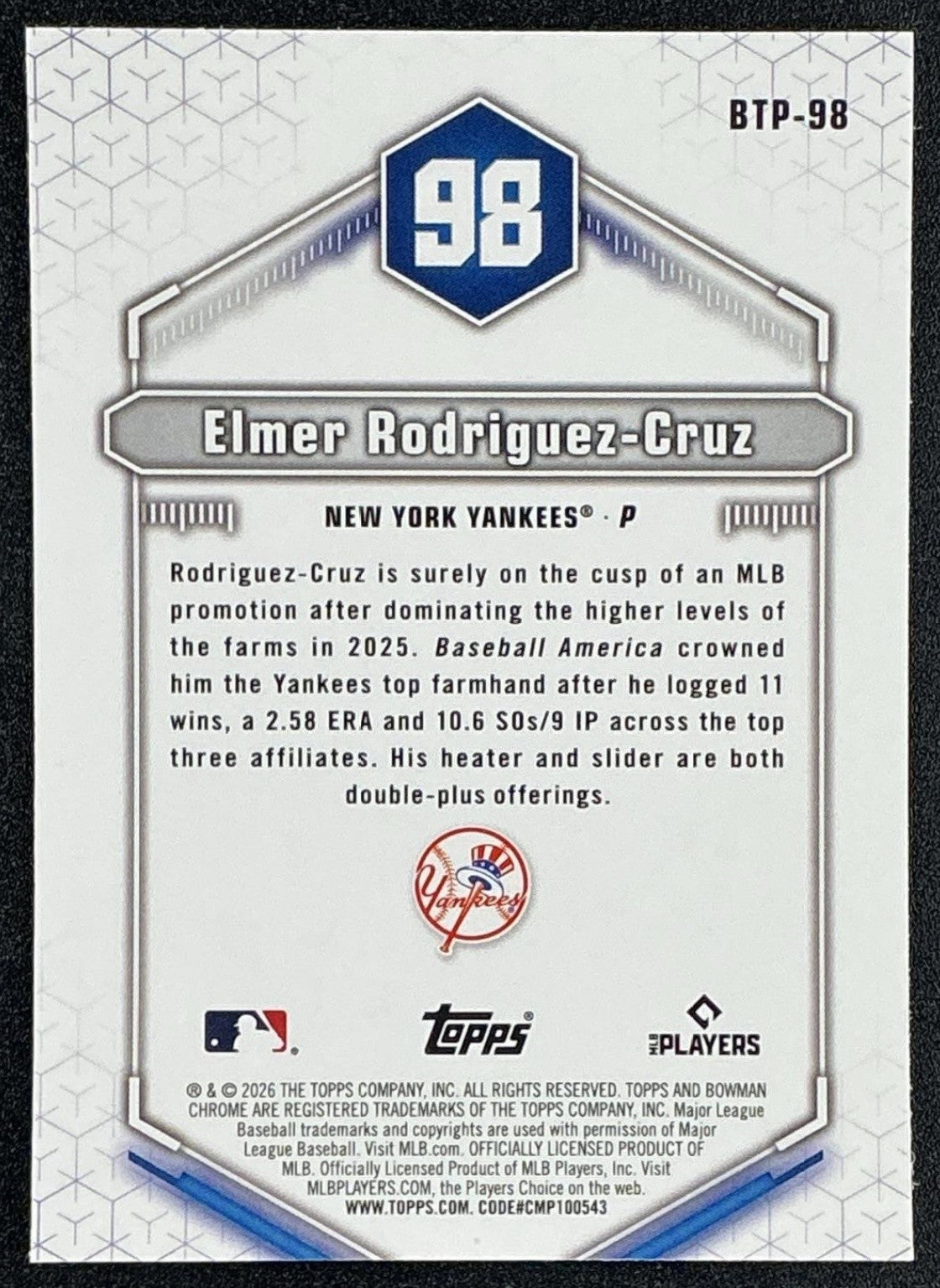 ELMER RODRIGUEZ-CRUZ 2026 BOWMAN #BTP-98 SCOUTS TOP 100 CHROME YANKEES