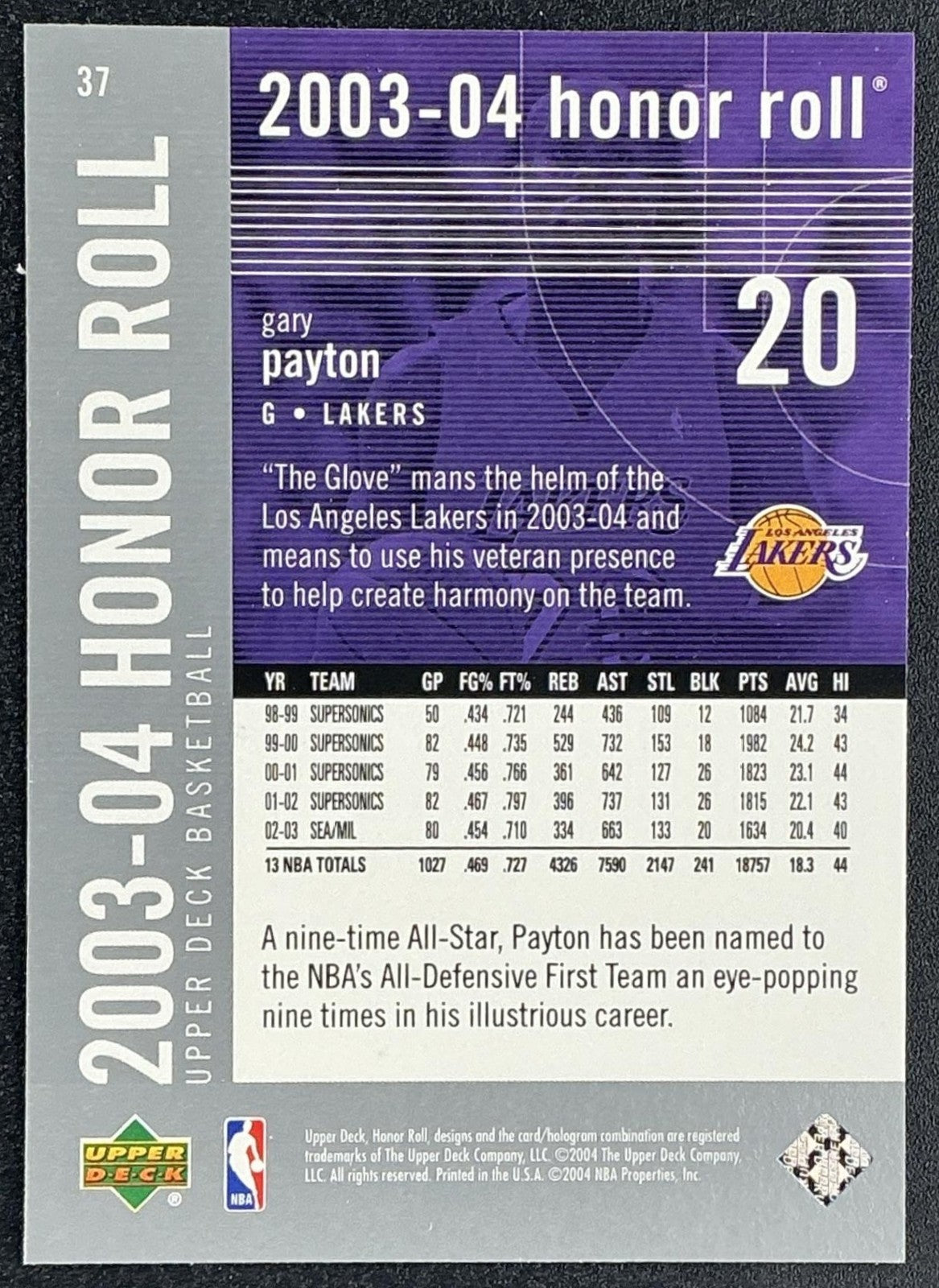 GARY PAYTON 2003-04 UPPER DECK HONOR ROLL #37 LAKERS