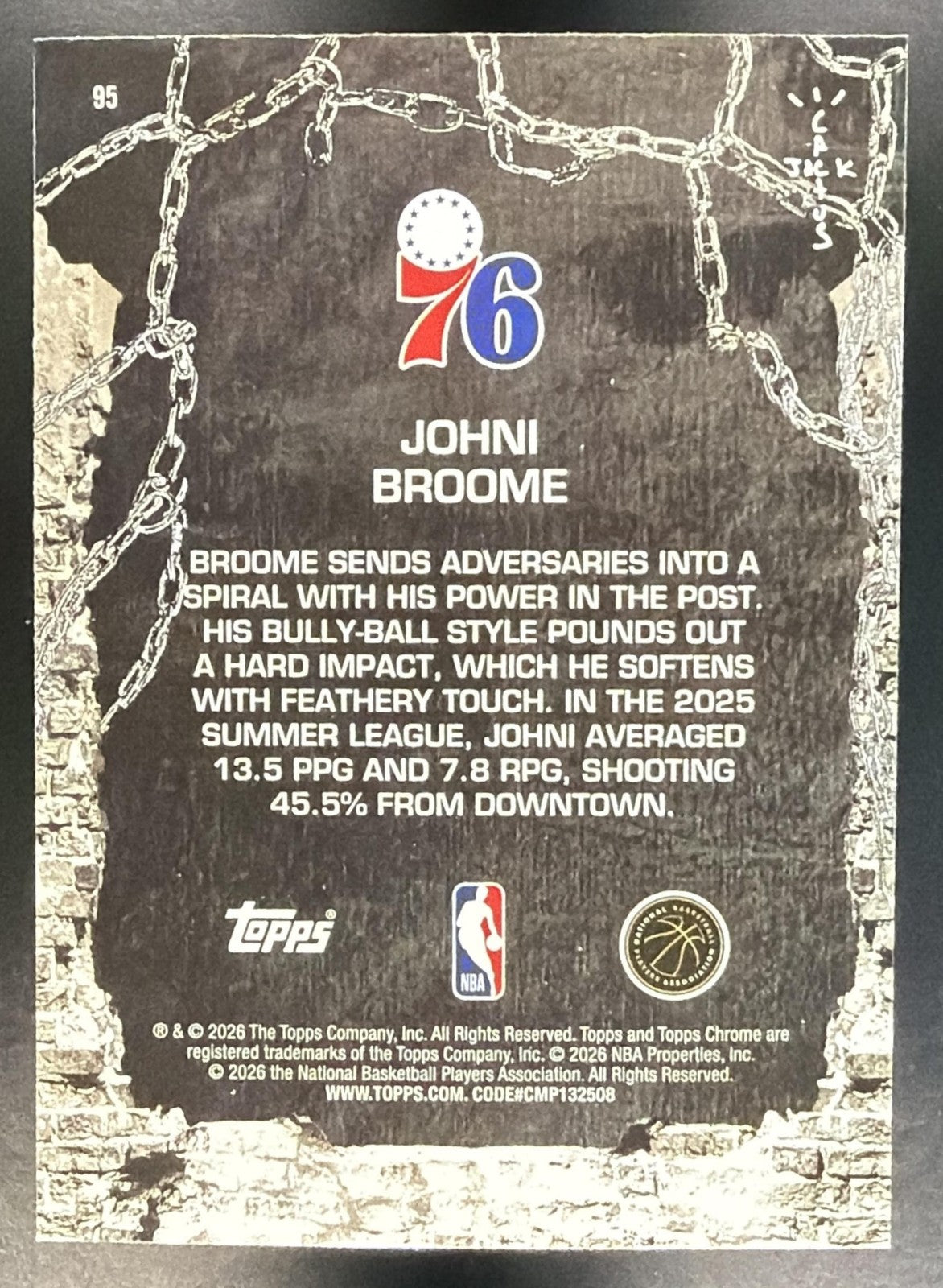 JOHNI BROOME 2025-26 TOPPS CHROME X CACTUS JACK #95 RC 76ERS