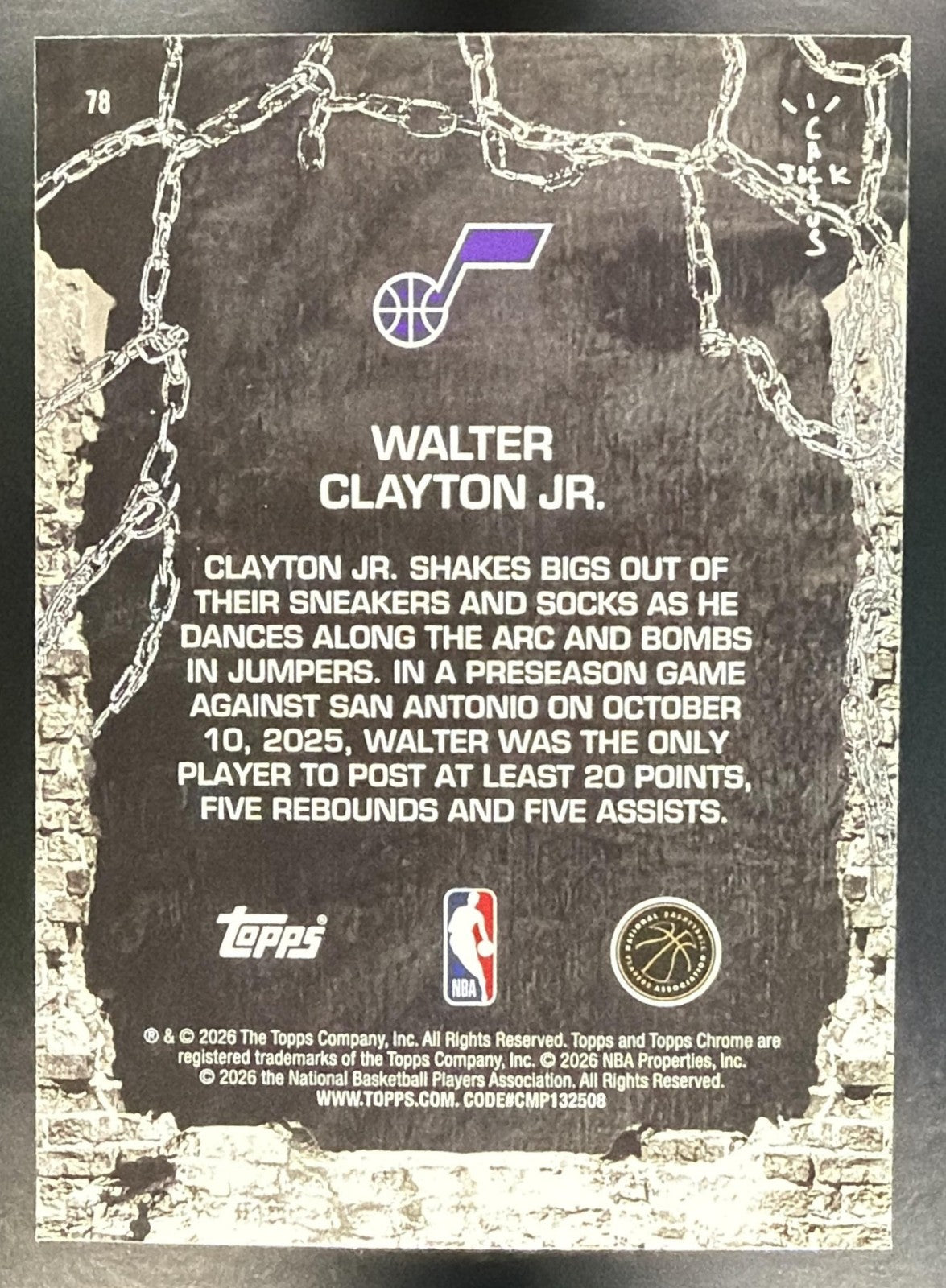 WALTER CLAYTON JR. 2025-26 TOPPS CHROME X CACTUS JACK #78 RC JAZZ