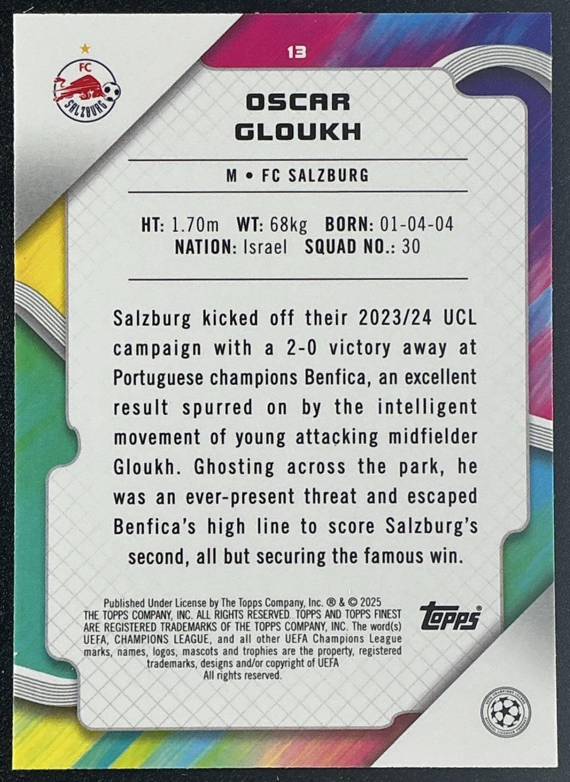 2024 Topps Finest UEFA Club Oscar Gloukh Blue Raywave Refractor /150