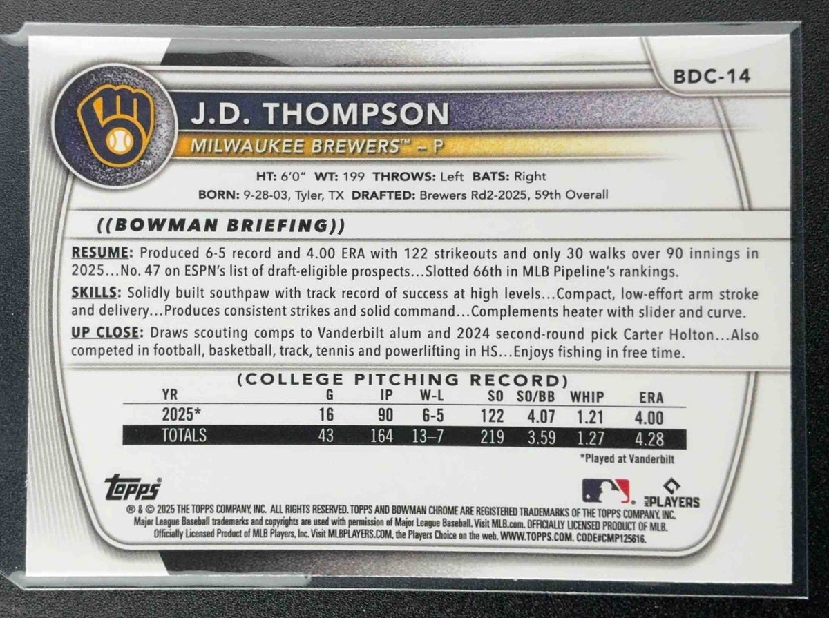 2025 Bowman Draft J.D. Thompson #BDC-14 Chrome Mojo Refractor 1st Prospect