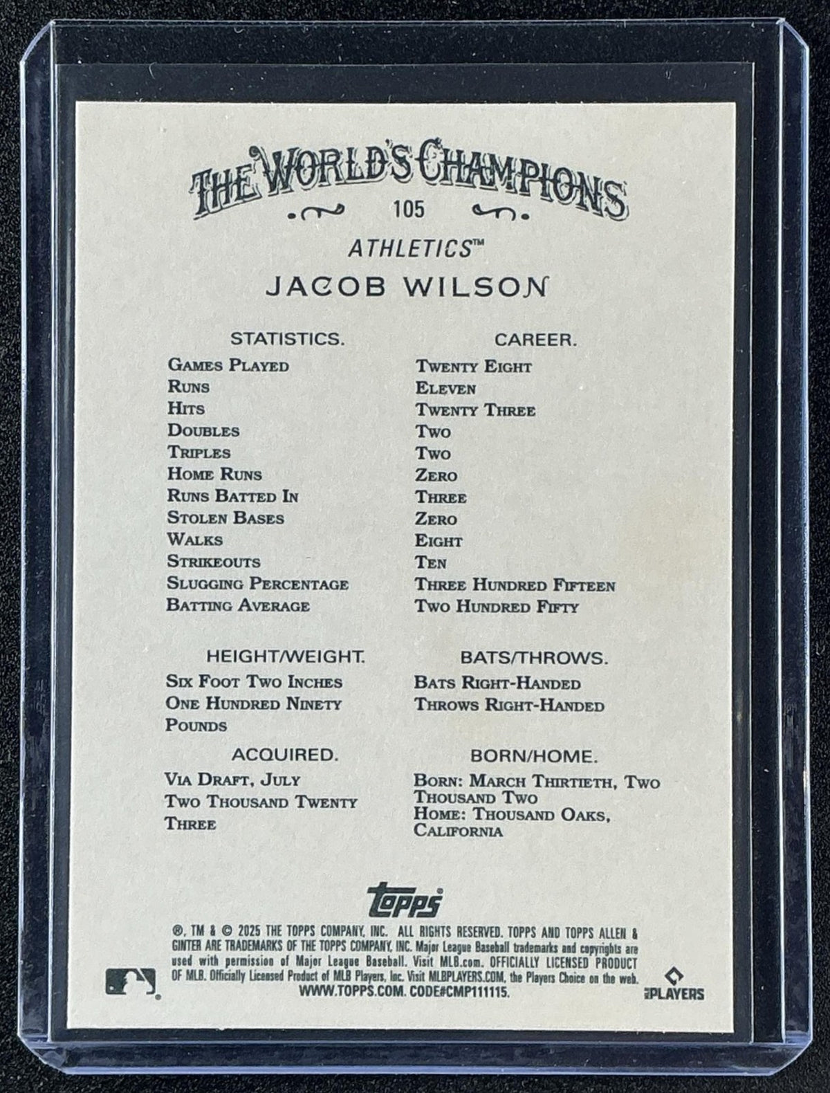 JACOB WILSON 2025 TOPPS ALLEN & GINTER #105 RC ATHLETICS
