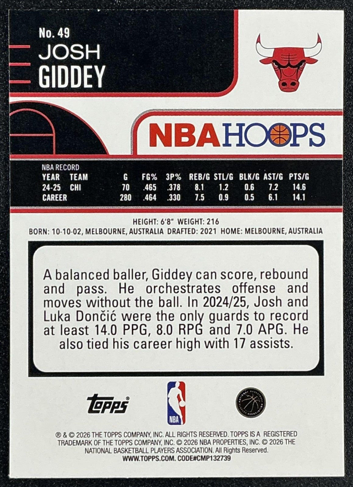 JOSH GIDDEY 2025-26 TOPPS HOOPS #49 PIXEL BURST PURPLE 8/99 BULLS