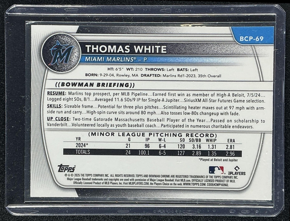 THOMAS WHITE 2025 BOWMAN #BCP-69 CHROME MEGA BOX REFRACTOR 1ST PROSPECT MARLINS