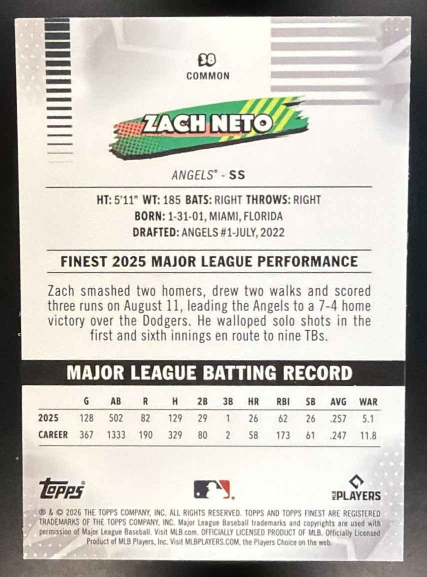 ZACH NETO 2026 TOPPS FINEST #38 RC ANGELS