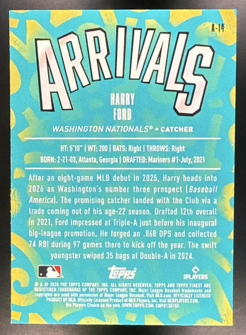 HARRY FORD 2026 TOPPS FINEST #A-14 ARRIVALS RC NATIONALS