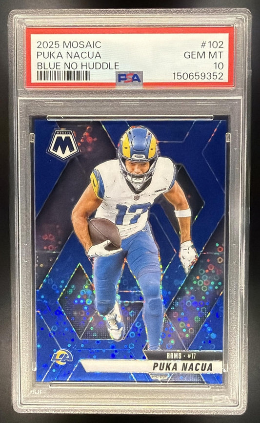 PUKA NACUA 2025 PANINI MOSAIC #102 NO HUDDLE BLUE PRIZM 5/99 RAMS PSA 10