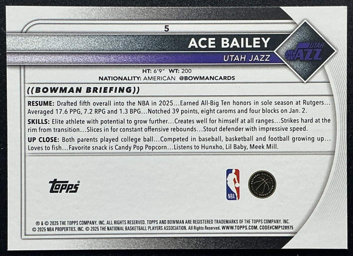 ACE BAILEY 2025-26 BOWMAN #5 RC JAZZ
