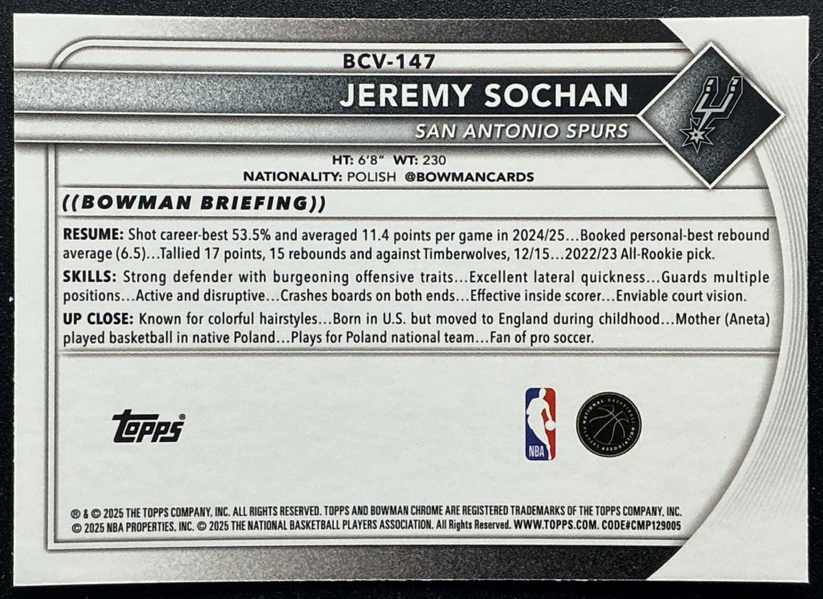 JEREMY SOCHAN 2025-26 BOWMAN #BCV-147 CHROME MOJO REFRACTOR SPURS