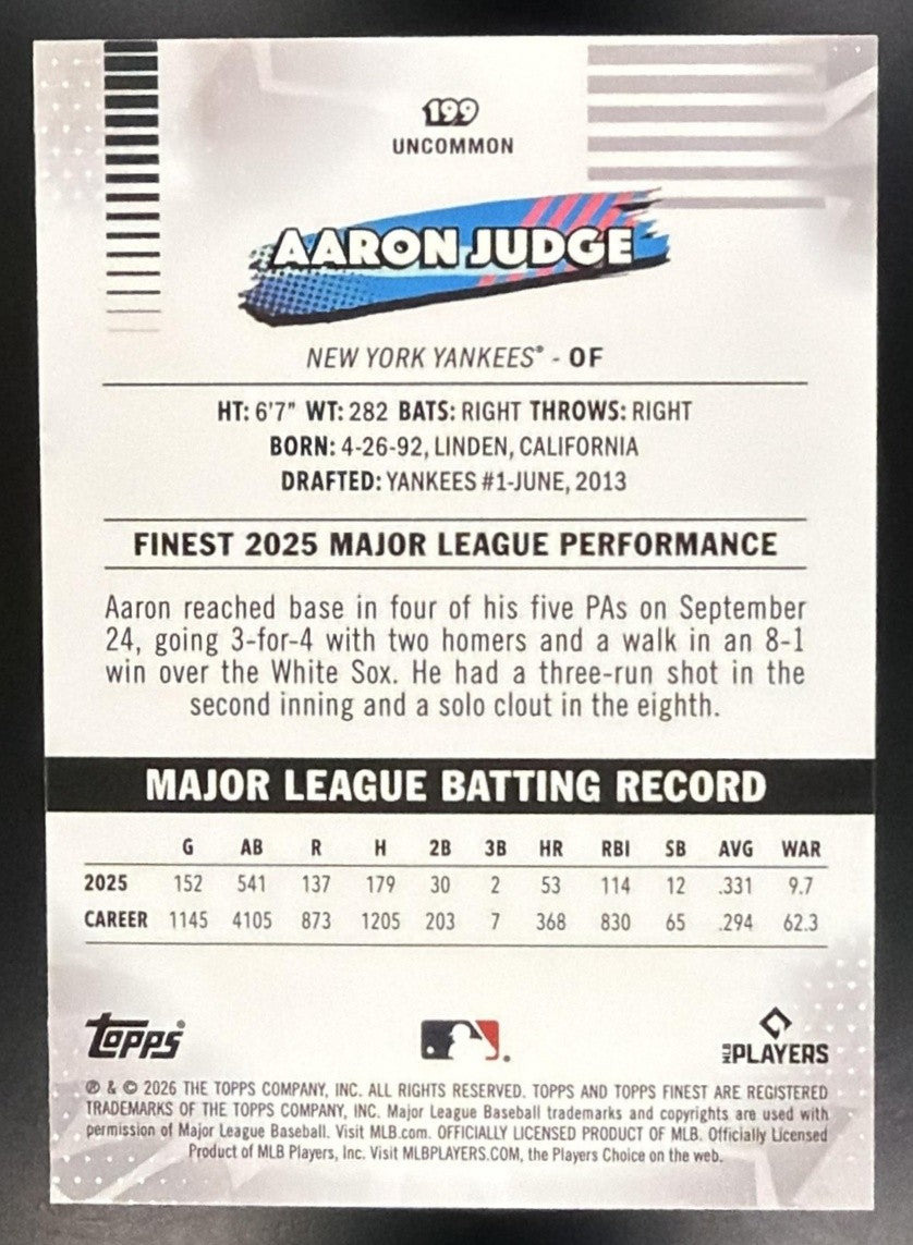 AARON JUDGE 2026 TOPPS FINEST #199 UNCOMMON YANKEES