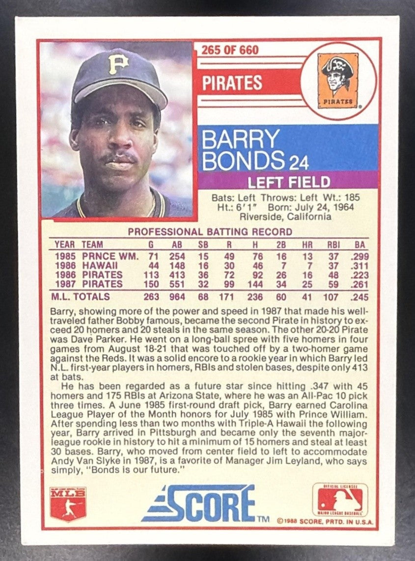 BARRY BONDS 1988 SCORE #265 PIRATES