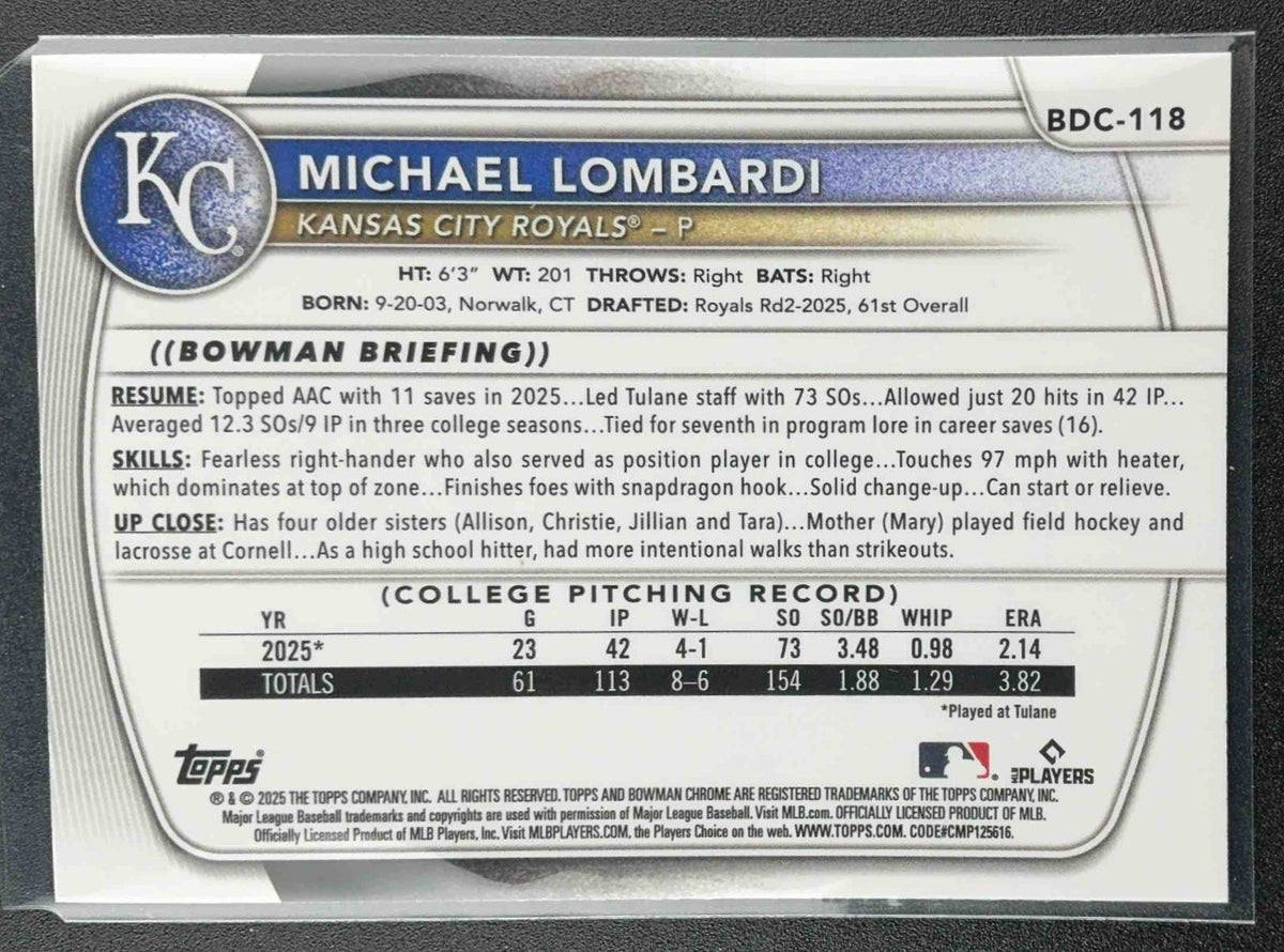 2025 Bowman Draft Michael Lombardi #BDC-118 Chrome Mojo Refractor 1st Prospect