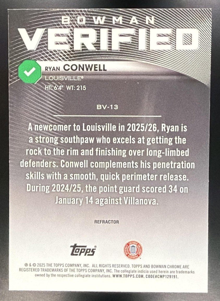 RYAN CONWELL 2025-26 BOWMAN #BV-13 CHROME VERIFIED REFRACTOR CARDINALS