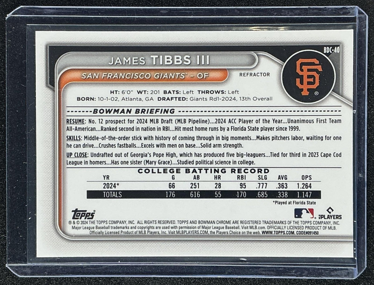 JAMES TIBBS III 2024 BOWMAN DRAFT #BDC-40 CHROME REFRACTOR 1ST PROSPECT GIANTS