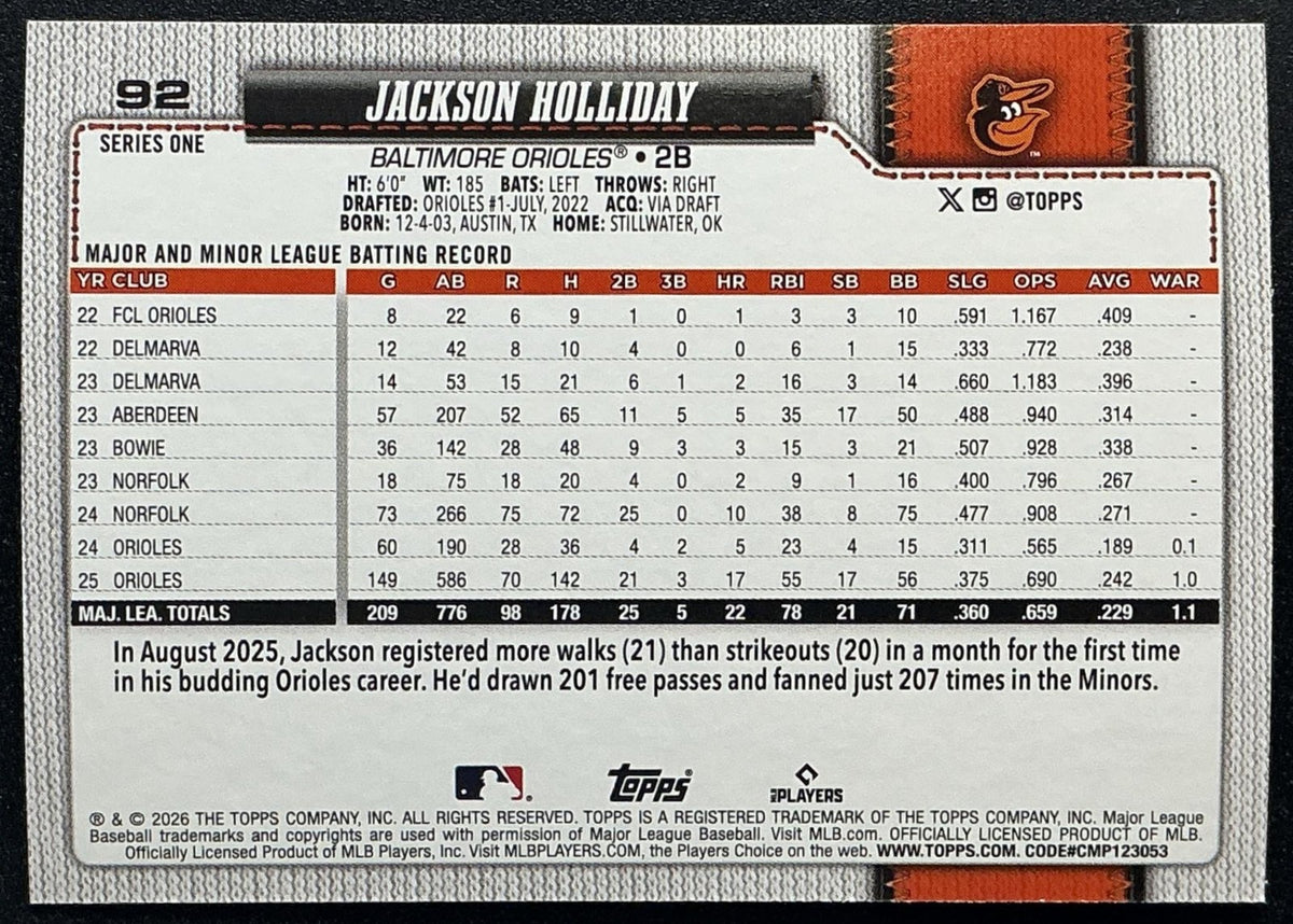 JACKSON HOLLIDAY 2026 TOPPS SERIES 1 #92 SANDGLITTER ORIOLES