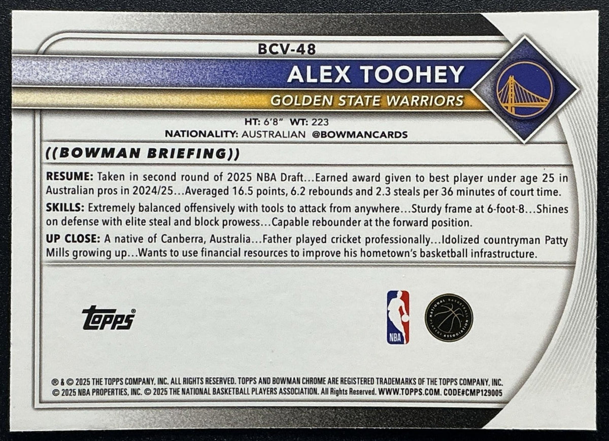 ALEX TOOHEY 2025-26 BOWMAN #BCV-48 CHROME REPTILIAN REFRACTOR RC WARRIORS