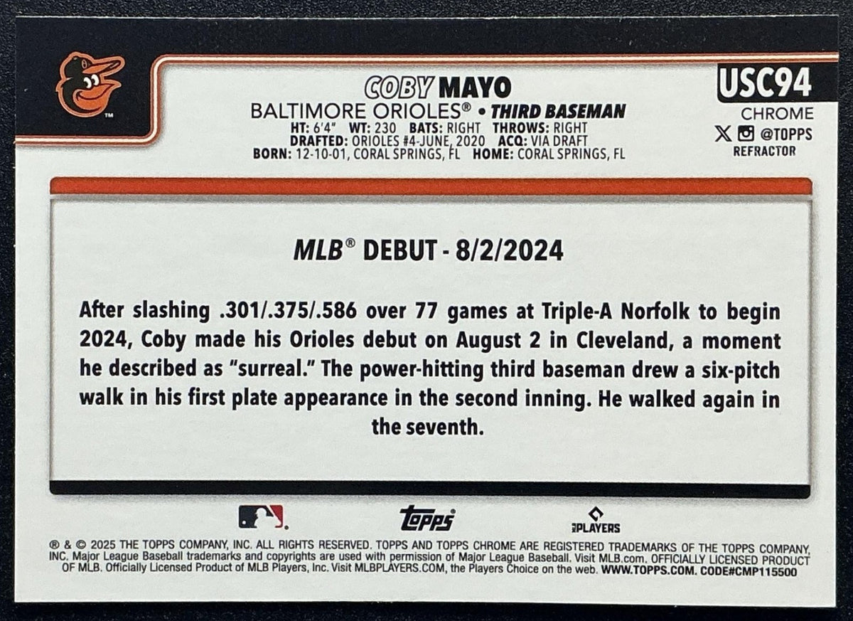 COBY MAYO 2025 TOPPS CHROME UPDATE #USC94 REFRACTOR RC ORIOLES