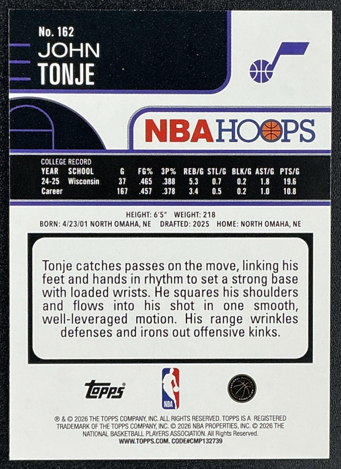 JOHN TONJE 2025-26 TOPPS HOOPS #162 RC JAZZ