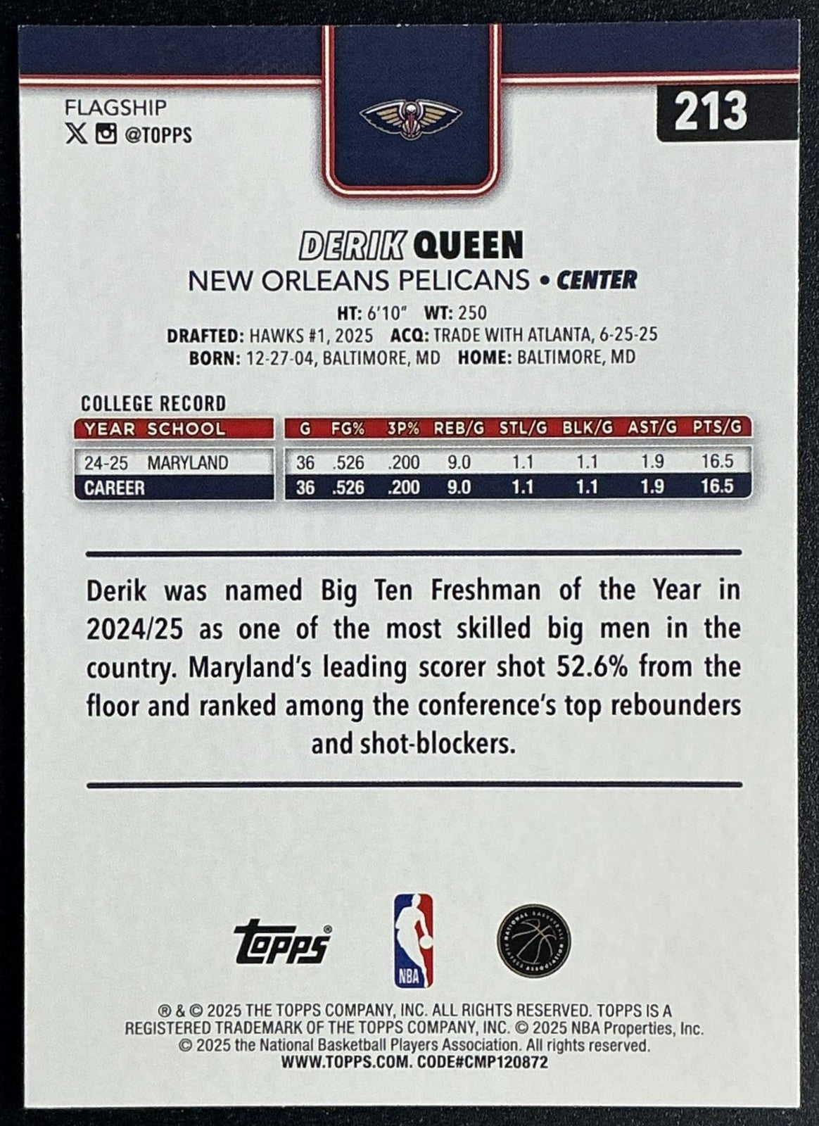 DERIK QUEEN 2025-26 TOPPS #213 RC PELICANS