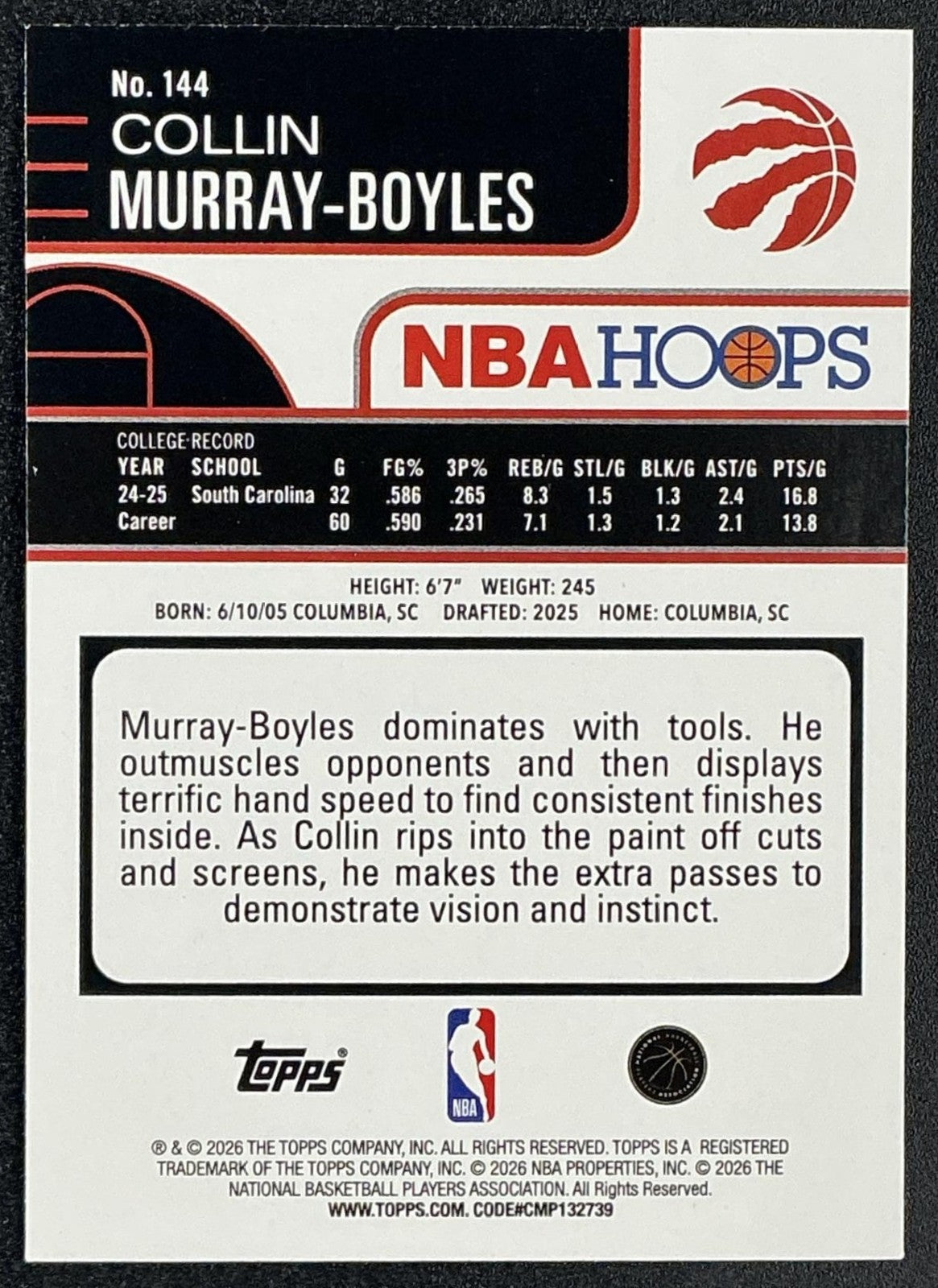 COLLIN MURRAY-BOYLES 2025-26 TOPPS HOOPS #144 RC RAPTORS