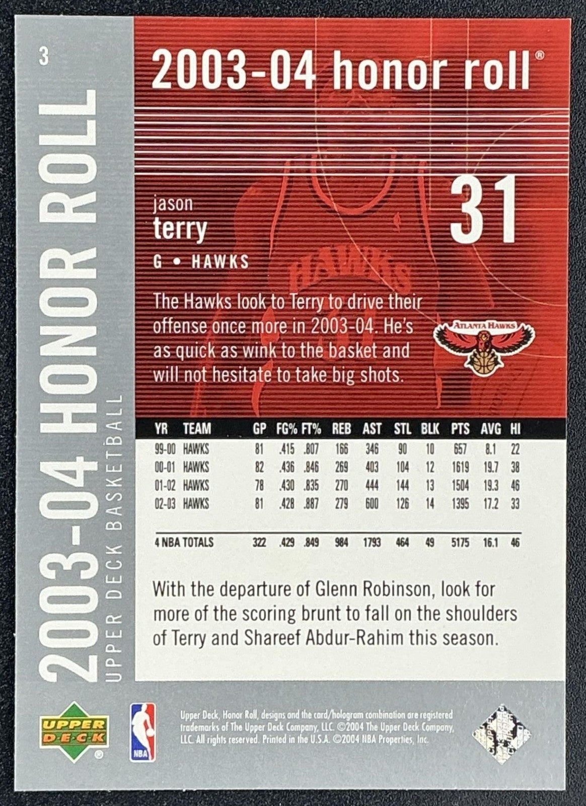 JASON TERRY 2003-04 UPPER DECK HONOR ROLL #3 HAWKS