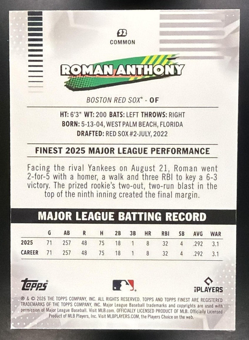 ROMAN ANTHONY 2026 TOPPS FINEST #52 RC RED SOX