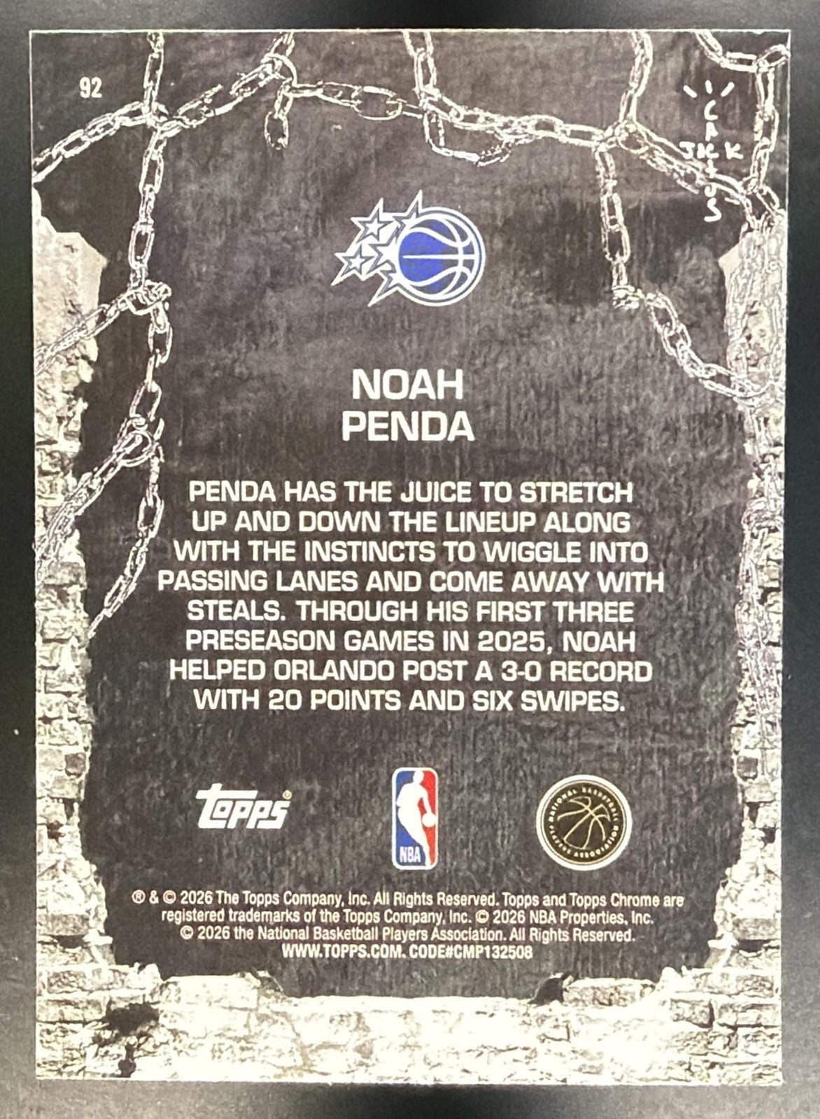 NOAH PENDA 2025-26 TOPPS CHROME X CACTUS JACK #92 RC MAGIC