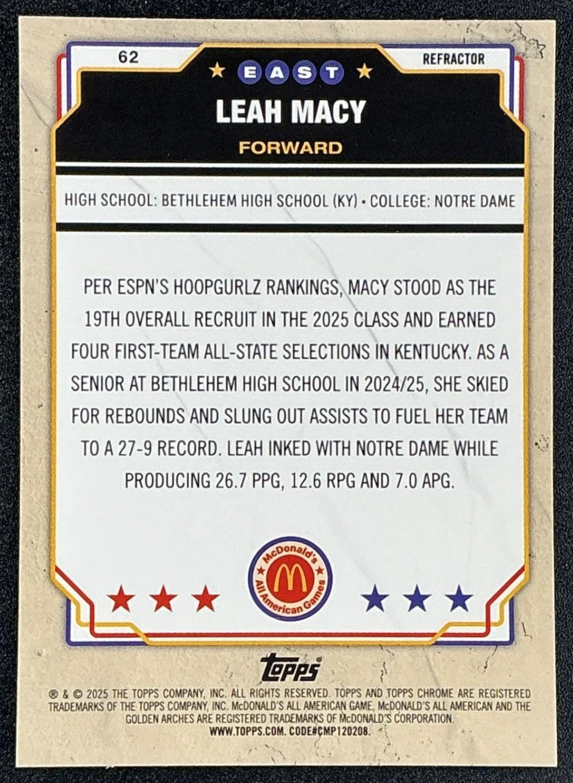LEAH MACY 2025 TOPPS CHROME MCDONALD'S ALL-AMERICAN #62 REFRACTOR