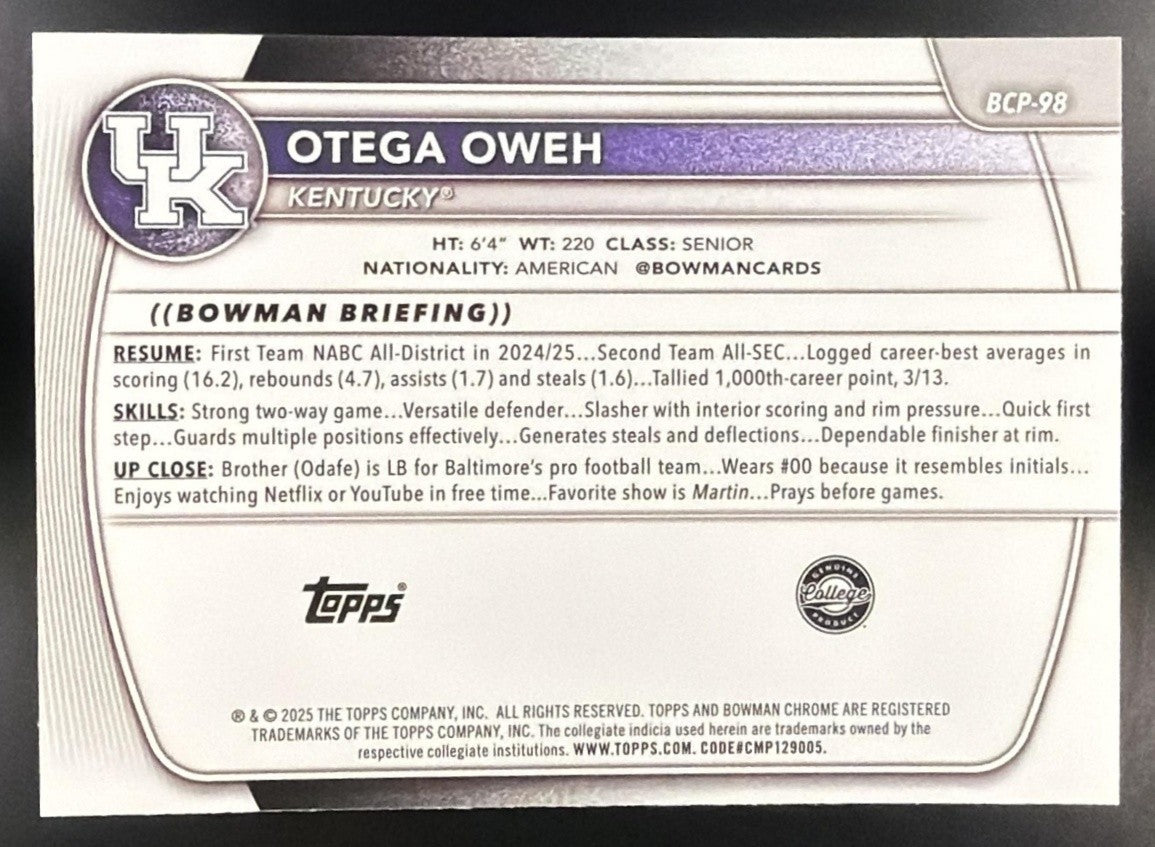 2025 Bowman Otega Oweh #BCP-98 Chrome Reptilian Refractor 1st Prospect