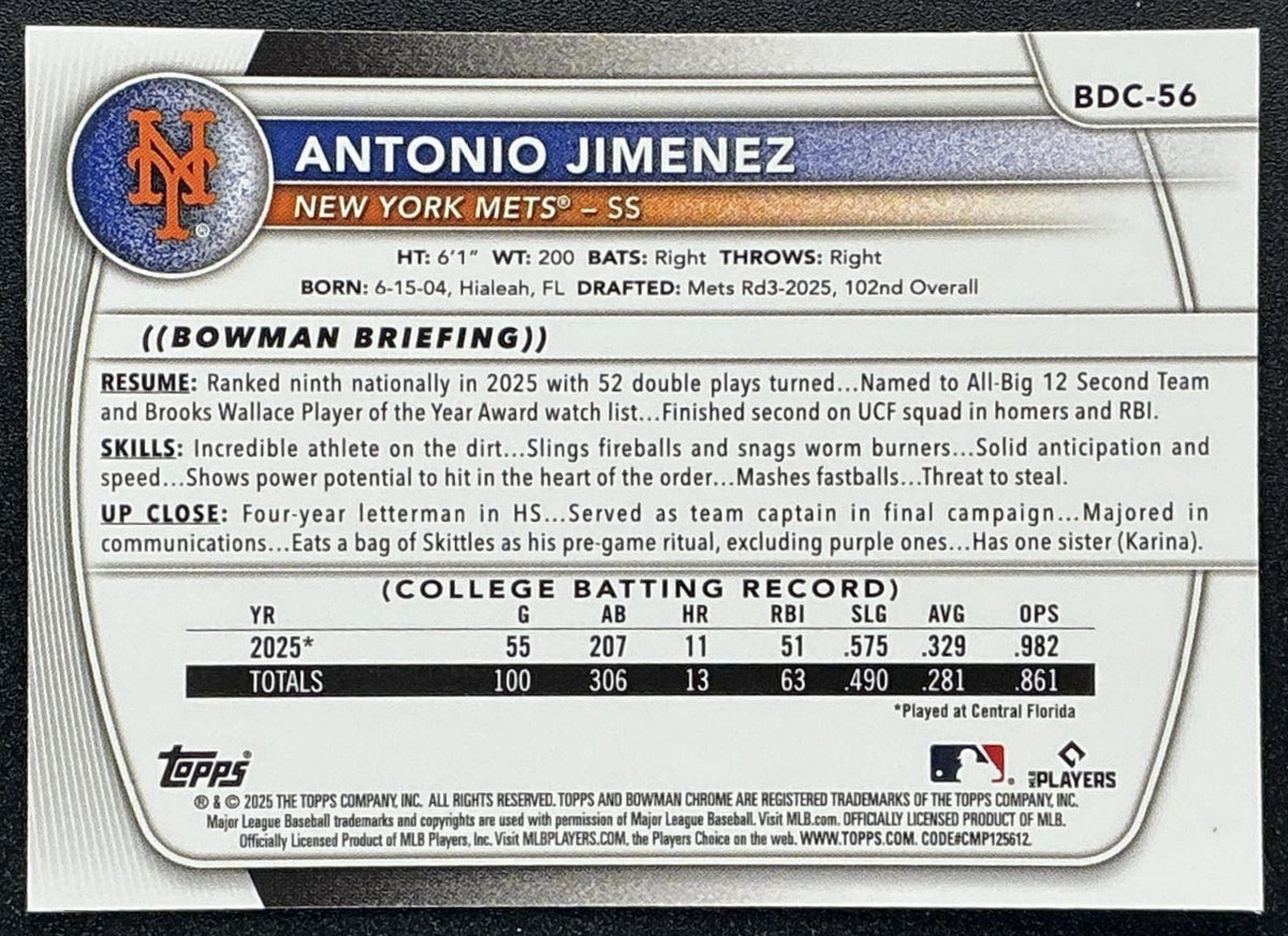 2025 Bowman Draft Antonio Jimenez #BDC-56 Chrome Lazer Refractor 1st Prospect