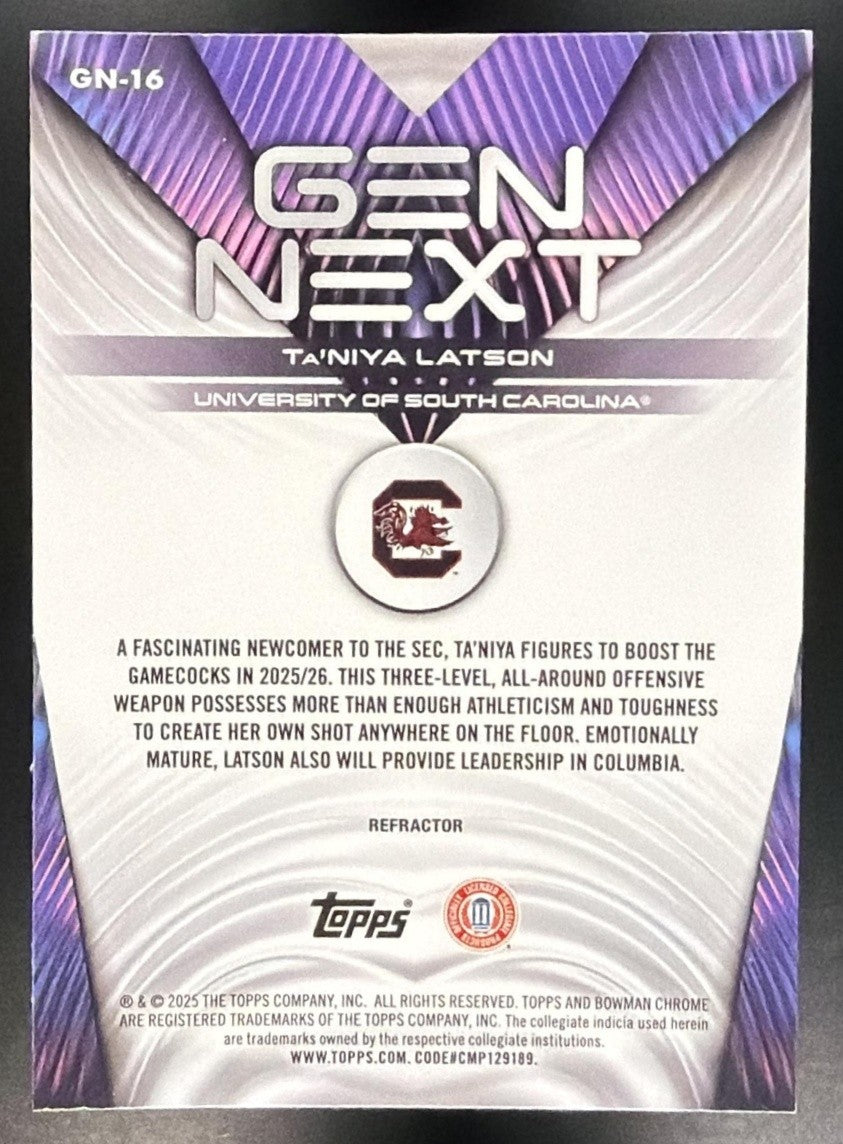 TA'NIYA LATSON 2025-26 BOWMAN #GN-16 GEN NEXT CHROME REFRACTOR GAMECOCKS