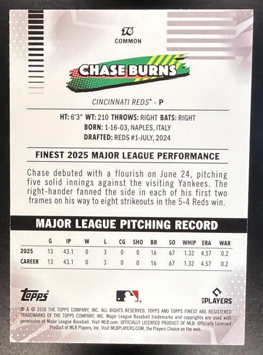 CHASE BURNS 2026 TOPPS FINEST #76 RC REDS