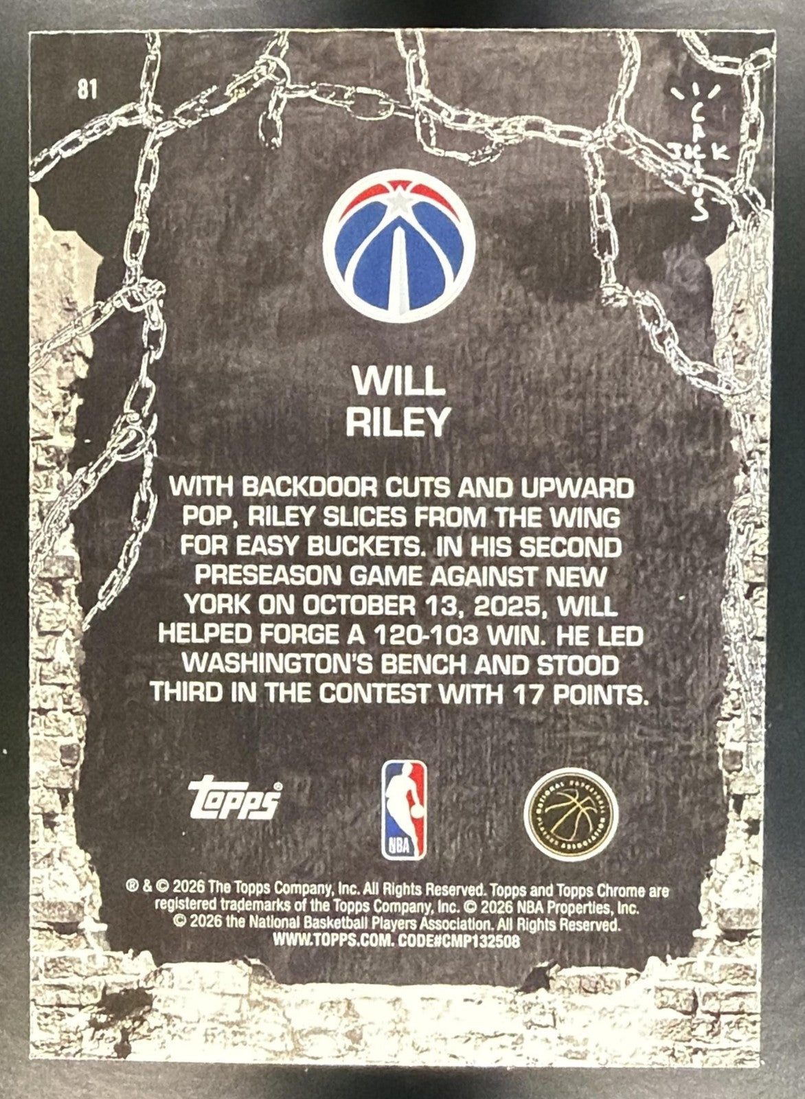 WILL RILEY 2025-26 TOPPS CHROME X CACTUS JACK #81 RC WIZARDS
