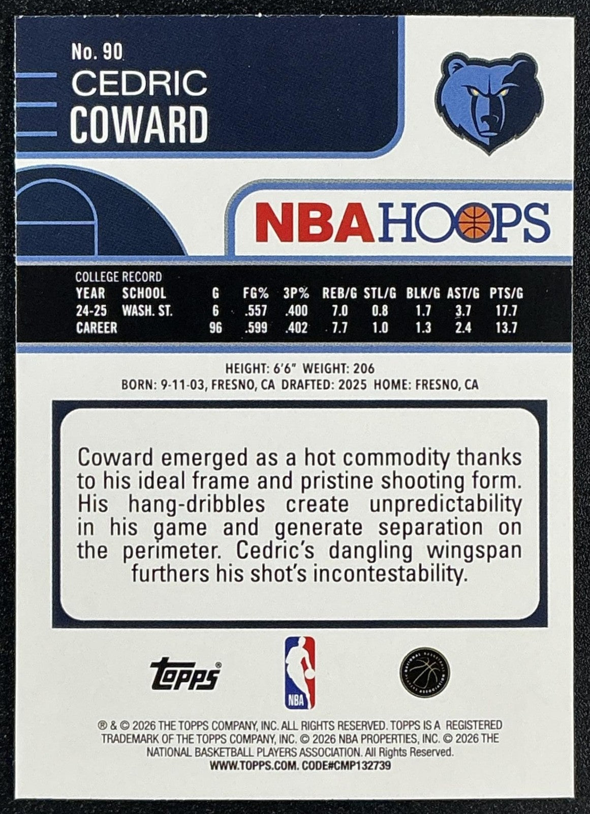 CEDRIC COWARD 2025-26 TOPPS HOOPS #90 RAINBOW FOIL RC GRIZZLIES