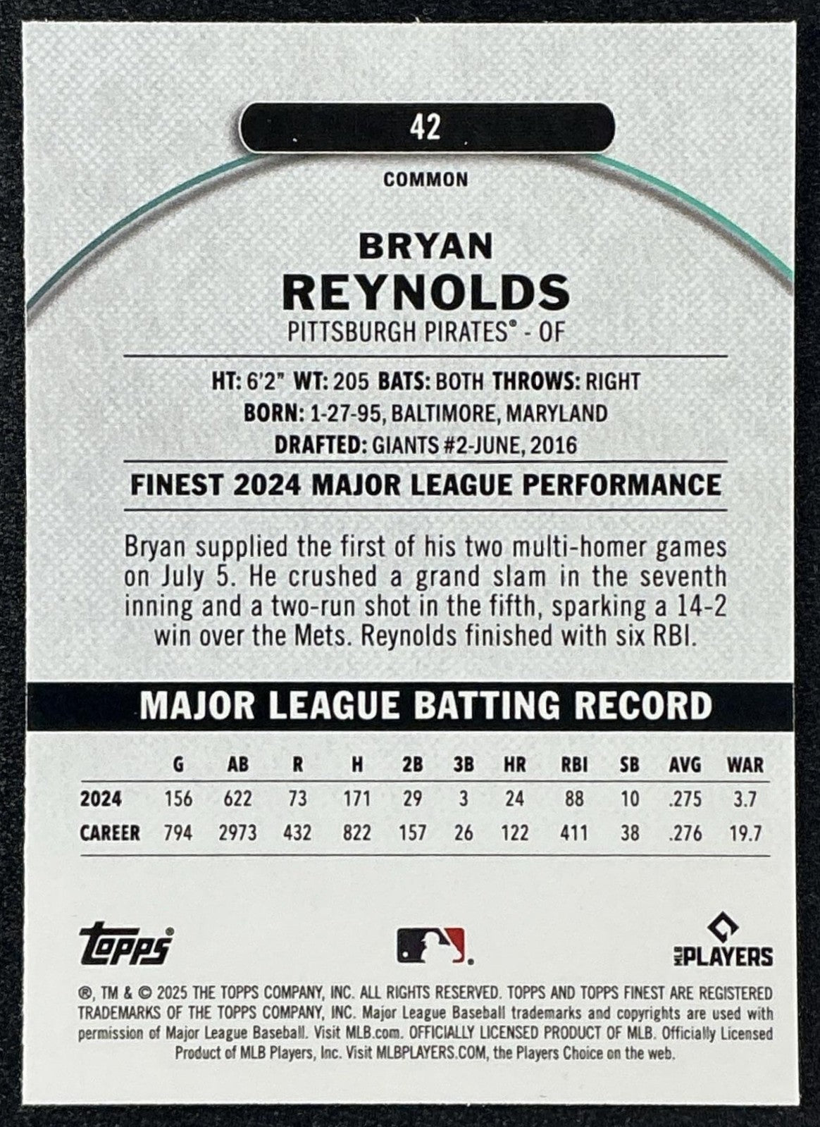 BRYAN REYNOLDS 2025 TOPPS FINEST #42 COMMON PIRATES