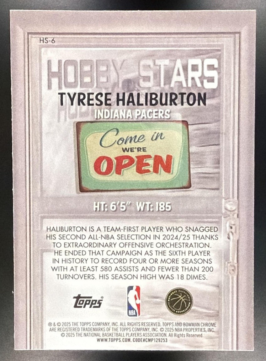 TYRESE HALIBURTON 2025-26 BOWMAN #HS-6 CHROME HOBBY STARS PACERS