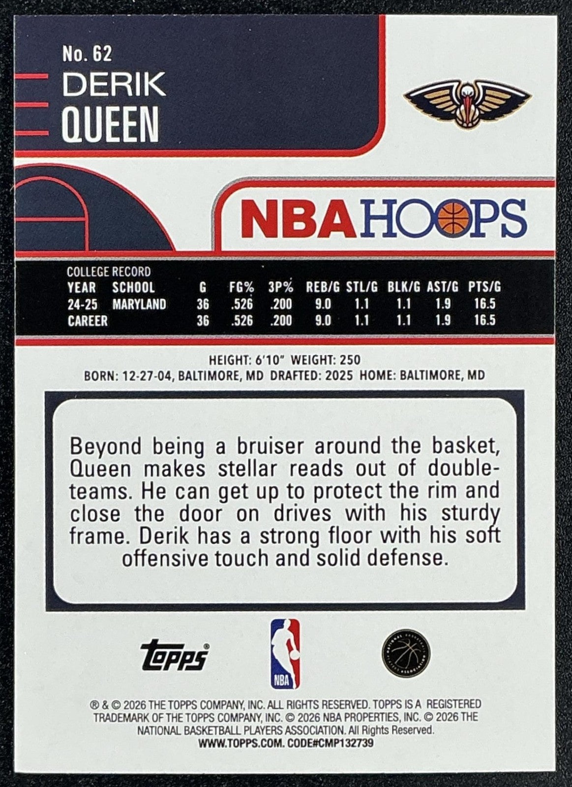 DERIK QUEEN 2025-26 TOPPS HOOPS #62 RAINBOW FOIL RC PELICANS